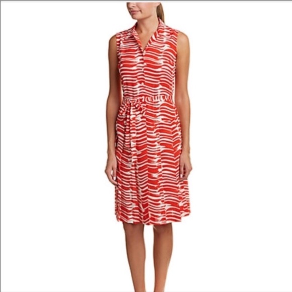 CAbi orange-red & white print pleated shirt dress - Picture 1 of 8